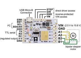 Basic pinout diagram of the Tic T834 USB Multi-Interface Stepper Motor Controller.