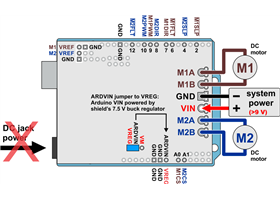 Dual G2 high-power motor driver shield powering an Arduino with the shield&#8217;s 7.5&nbsp;V regulator (VREG).