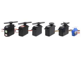 Continuous rotation servo size comparison.  From left to right: SpringRC SM-S4303R, Power HD AR-3606HB, FEETECH FS5106R, Parallax Feedback 360°, Parallax (Futaba S148), and FEETECH FS90R.