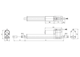 Dimensions of Glideforce MD linear actuators with feedback.  Units are mm.