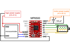 Minimal wiring diagram for connecting a microcontroller to an MP6500 Stepper Motor Driver Carrier, Potentiometer Current Control (full-step mode).