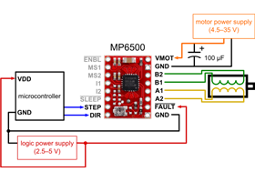 Alternative minimal wiring diagram for connecting a microcontroller to an MP6500 Stepper Motor Driver Carrier, Potentiometer Current Control  (full-step mode).