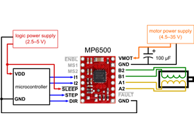 Basic wiring diagram for connecting a microcontroller to an MP6500 Stepper Motor Driver Carrier, Digital Current Control  (full-step mode).