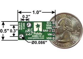 Pololu AltIMU-10 v4 gyro, accelerometer, compass, and altimeter, bottom view with dimensions