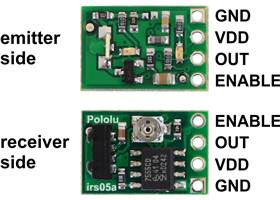 Pololu 38 kHz IR proximity sensor receiver and emitter sides with labeled pinout