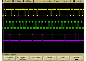 Oscilloscope capture of typical Pololu 38 kHz IR proximity sensor output when it is weakly, moderately, and strongly affected by fluorescent lights (top to bottom)