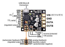 Basic pinout diagram of the Jrk G2 24v13 USB Motor Controller with Feedback.