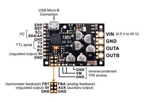 Basic pinout diagram of the Jrk G2 24v21 USB Motor Controller with Feedback.