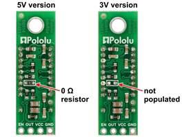 Pololu Carrier with Sharp GP2Y0A60SZLF Analog Distance Sensor 10-150cm, back view comparison of 5V and 3V versions