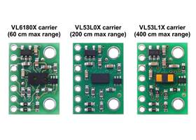 Side-by-side comparison of the VL6180X, VL53L0X, and VL53L1X Time-of-Flight Distance Sensor Carriers.