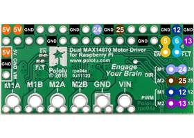 Pinout and default pin mappings of the Dual MAX14870 Motor Driver for Raspberry Pi.