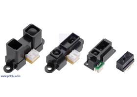 A variety of Sharp distance sensors.  From left to right: GP2Y0A02, GP2Y0A21 or GP2Y0A41, GP2Y0A51, and GP2Y0D8xx