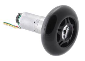 A 25D&nbsp;mm gearmotor connected to a 70&nbsp;mm scooter/skate wheel using a 4&nbsp;mm scooter wheel adapter.