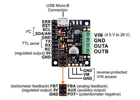 Basic pinout diagram of the Jrk G2 21v3 USB Motor Controller with Feedback (Connectors Soldered).