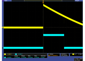 QTR-1RC output (yellow) when 1/8&quot; above a black line and microcontroller timing of that output (blue).