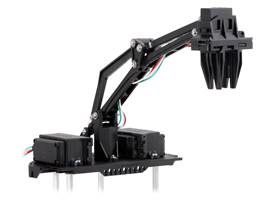 Fully assembled Robot Arm for Romi with vertical (crane) gripper orientation.