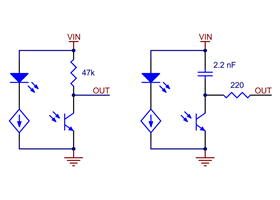 Schematic diagrams of individual QTR sensor channels for A version (left) and RC version (right).  This applies only to the newer QTRs with dimmable emitters.
