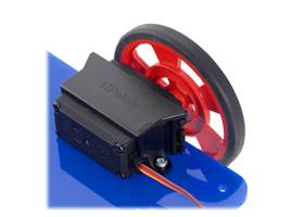 Rear view of Power HD Continuous Rotation Servo AR-3606HB and Solarbotics red servo wheel with Mounting Bracket for Standard-Size Servos.