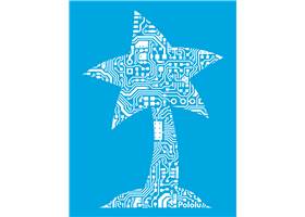 Image on the front of the sapphire blue Pololu circuit logo T-shirt.