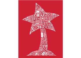 Image on the front of the cardinal red Pololu circuit logo T-shirt.