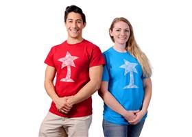 Red and sapphire blue Pololu circuit logo T-shirts.