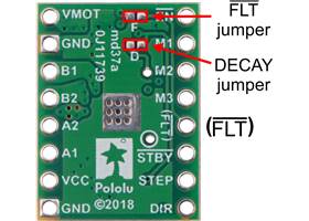 Jumpers for FLT and DECAY pins on the STSPIN820 stepper driver carrier.