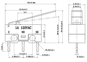 Dimensions (in mm) of mini snap-action switch with 13.5mm lever.