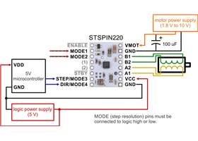 Minimal wiring diagram for connecting a microcontroller to a STSPIN220 low-voltage stepper motor driver carrier.