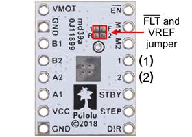 Jumpers for FLT and VREF pins on the STSPIN220 low-voltage stepper driver carrier.