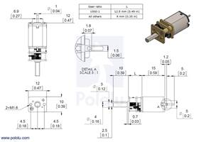 Dimensions of the Pololu micro metal gearmotors with precious metal brushes: low-power (LP), medium-power (MP), and high-power (HP).  Units are mm over [inches].