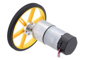 37D&nbsp;mm metal gearmotor with 64&nbsp;CPR encoder connected to a Pololu 90×10mm wheel with a Pololu universal mounting hub.