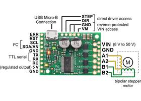 Basic pinout diagram of the Tic 36v4 USB Multi-Interface High-Power Stepper Motor Controller.