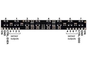 Pinout diagram of the 8-Channel QTRX Sensor Array for Romi/TI-RSLK MAX.