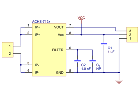Schematic diagram of the ACHS-712x Current Sensor Carrier.