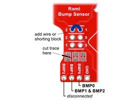 Bumper switch assembly customization example: BMP1 will go low if either switch 1 or 2 is pressed, and the BMP2 trace has been cut to disconnect it.