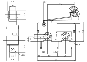 Dimensions (in mm) of snap-action switch with 16.3mm roller lever: 3-pin, SPDT, 5A.