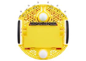 Bottom view of Romi chassis with 8-Channel QTRX Sensor Array for Romi/TI-RSLK MAX and optional front ball caster.