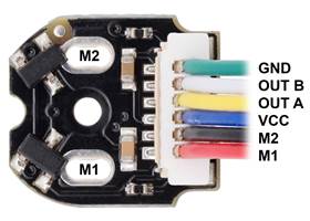 Pinout of Magnetic Encoder with Top-Entry Connector for Micro Metal Gearmotors, magnet-side view of PCB with JST cable plugged in (cable not included).