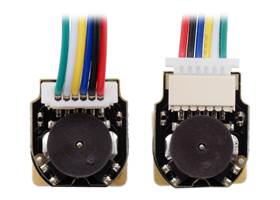 Magnetic Encoders with Top-Entry Connector (left) and Side-Entry Connector (right) assembled on Micro Metal Gearmotors with Extended Motor Shafts (JST cables not included).