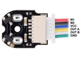Pinout of Magnetic Encoder with Side-Entry Connector for Micro Metal Gearmotors, magnet-side view of PCB with JST cable plugged in (cable not included).