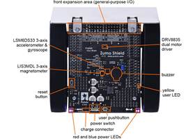 Assembled Zumo Robot for Arduino, top view with labeled components.