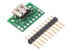 USB 2.0 Type-C Connector Breakout Board (usb07b) with included optional header pins.