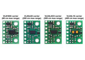 Side-by-side comparison of the VL6180X, VL53L0X, VL53L3CX, and VL53L1X Time-of-Flight Distance Sensor Carriers.