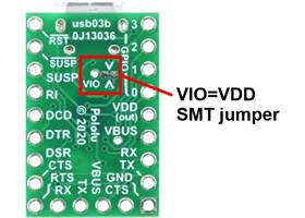 VIO=VDD SMT jumper on the bottom of the CP2102N USB-to-serial adapter carrier.