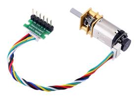 Side-entry JST SH-style connector breakout board, female-female cable, and encoder with connector mounted on a Micro Metal Gearmotor.