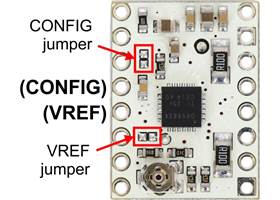 Jumpers for enabling optional CONFIG and VREF pins on the DRV8834 low-voltage stepper driver carrier.