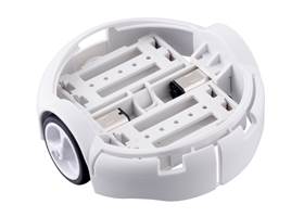 3pi+ Chassis Kit, front view, assembled with Micro Metal Gearmotors (motors not included).