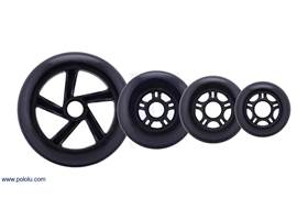 Black scooter/skate wheels with 144, 100, 84, and 70 mm diameters