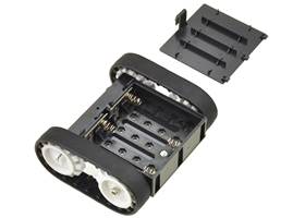 Pololu Zumo chassis kit, assembled bottom view with battery holder cover removed