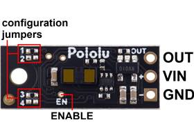 Pololu Distance Sensor with Pulse Width Output (130cm Max or 300cm Max), top view with labeled pinout.